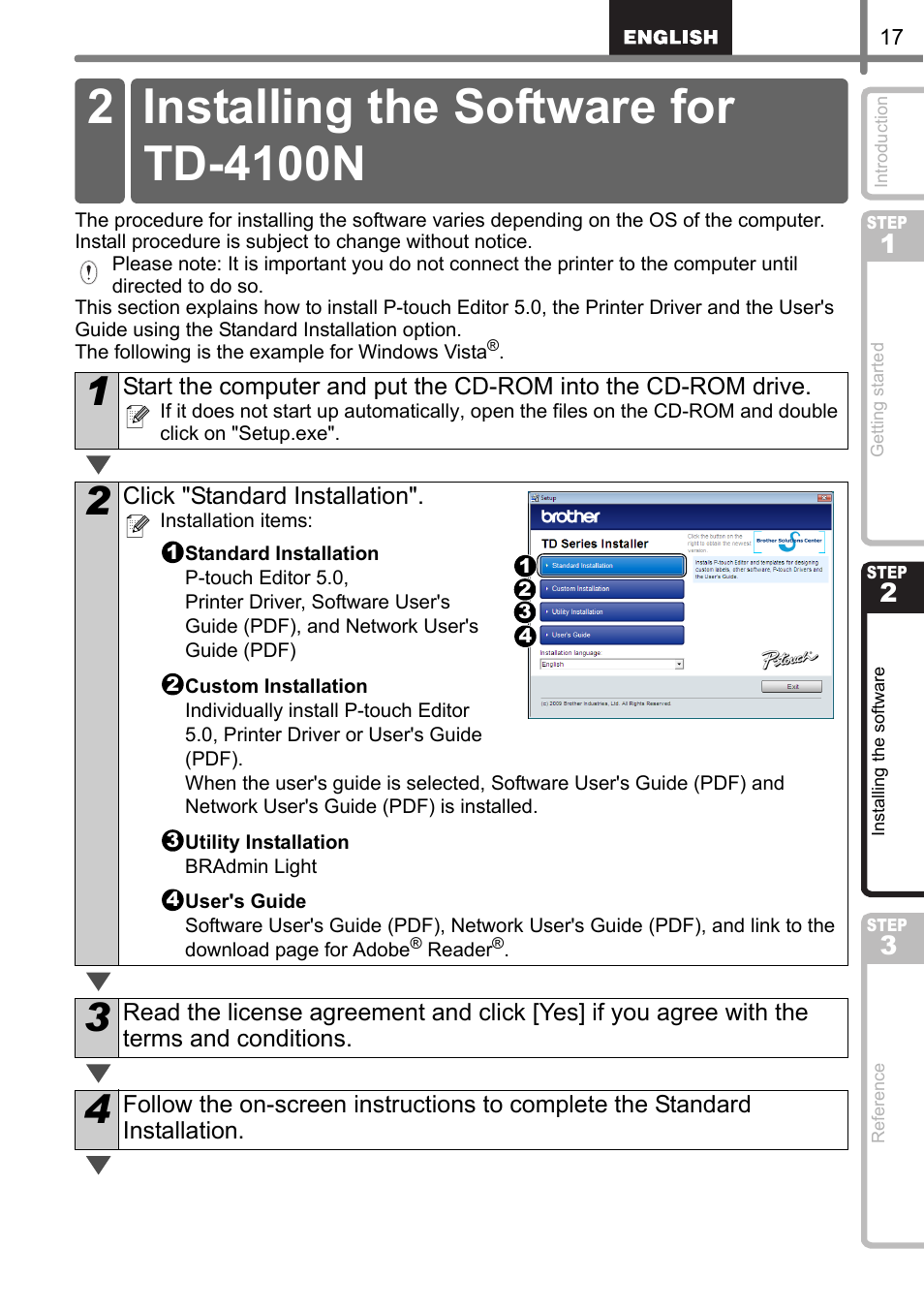 Installing the software for td-4100n | Brother TD4100N User Manual | Page 23 / 80