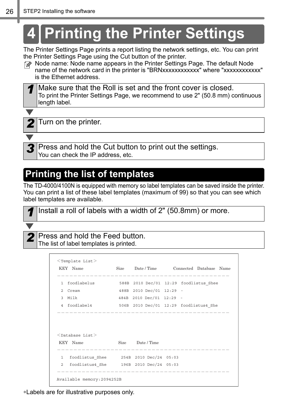 Printing the printer settings, Printing the list of templates, 4 printing the printer settings | Turn on the printer, Press and hold the feed button | Brother TD4100N User Manual | Page 32 / 80