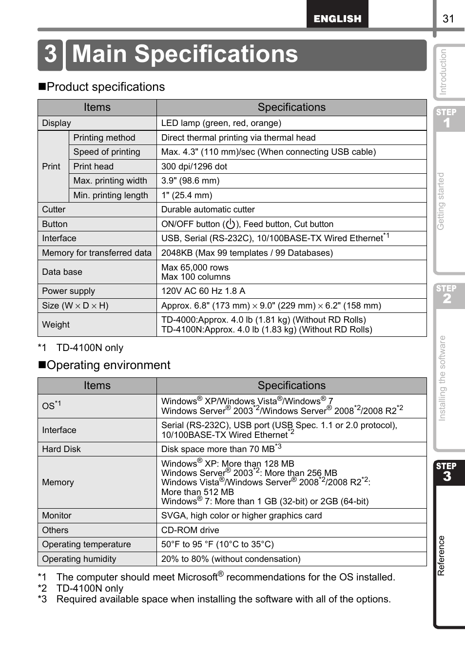 Main specifications, 3 main specifications, Product specifications | Operating environment, Items specifications | Brother TD4100N User Manual | Page 37 / 80