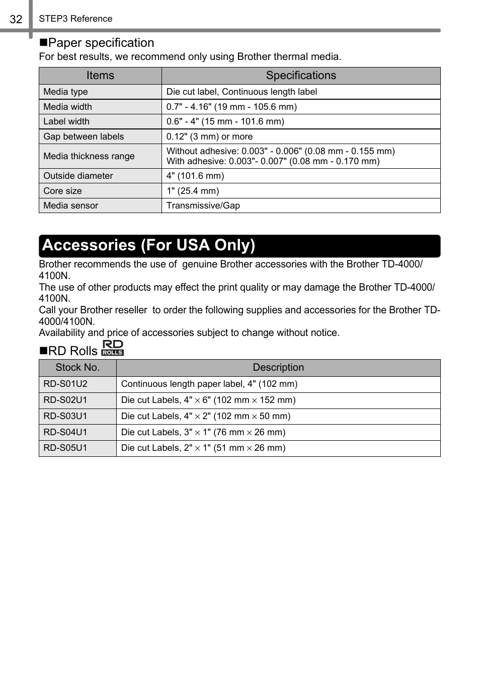 Accessories (for usa only), Paper specification, Rd rolls | Brother TD4100N User Manual | Page 38 / 80