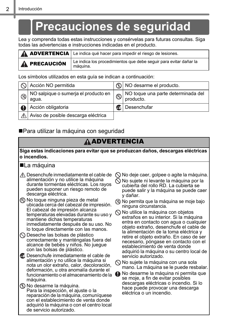 Precauciones de seguridad, Advertencia | Brother TD4100N User Manual | Page 46 / 80