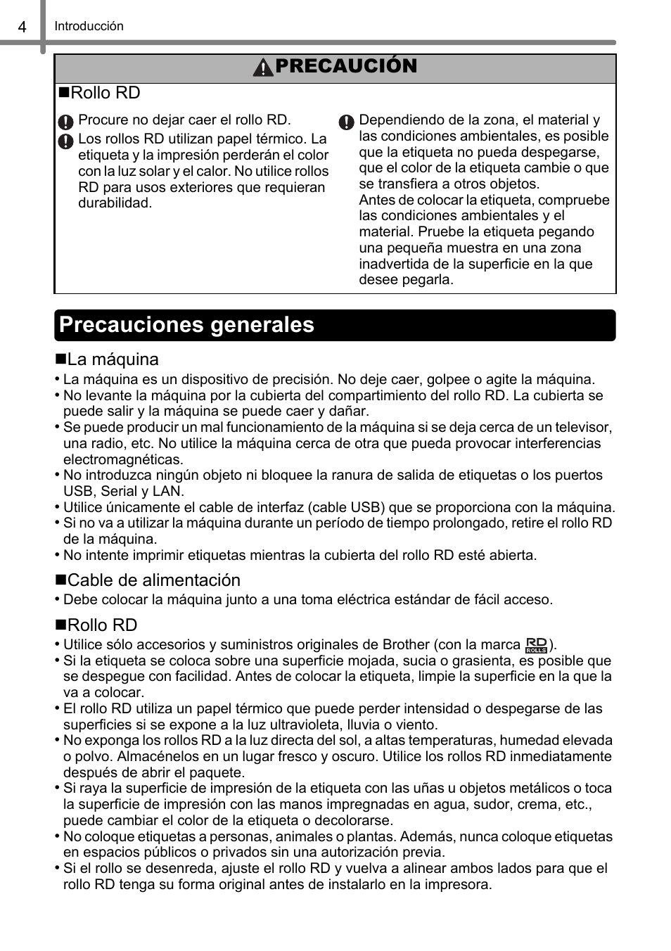 Precauciones generales, Precaución | Brother TD4100N User Manual | Page 48 / 80