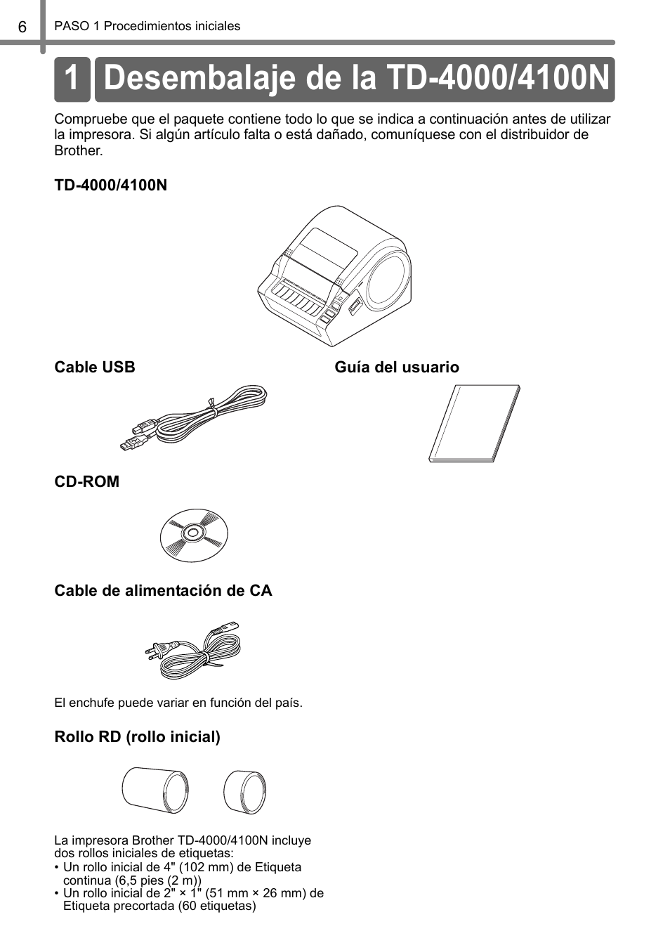 Procedimientos iniciales, Desembalaje de la td-4000/4100n, Procedimiento | S iniciale, Paso | Brother TD4100N User Manual | Page 50 / 80