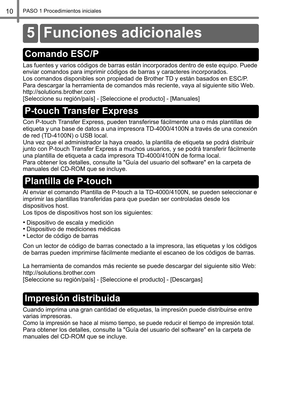 Funciones adicionales, Comando esc/p, P-touch transfer express | Plantilla de p-touch, Impresión distribuida, 5 funciones adicionales | Brother TD4100N User Manual | Page 54 / 80