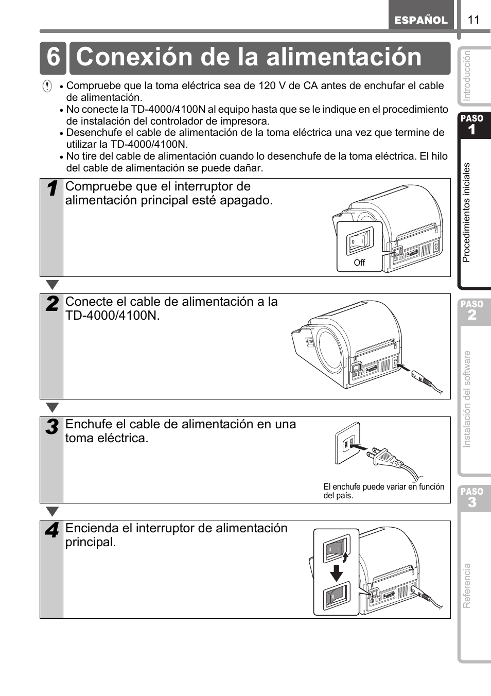 Conexión de la alimentación, 6 conexión de la alimentación | Brother TD4100N User Manual | Page 55 / 80