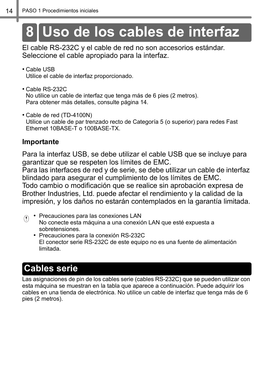 Uso de los cables de interfaz, Cables serie, 8 uso de los cables de interfaz | Brother TD4100N User Manual | Page 58 / 80