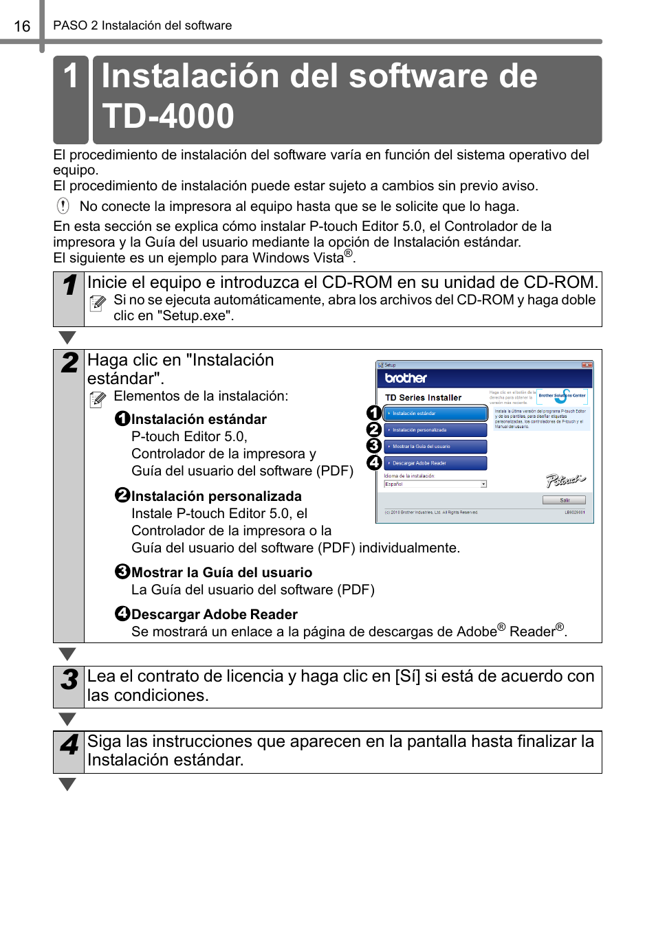 Instalación del software, Instalación del software de td-4000, Paso | Brother TD4100N User Manual | Page 60 / 80