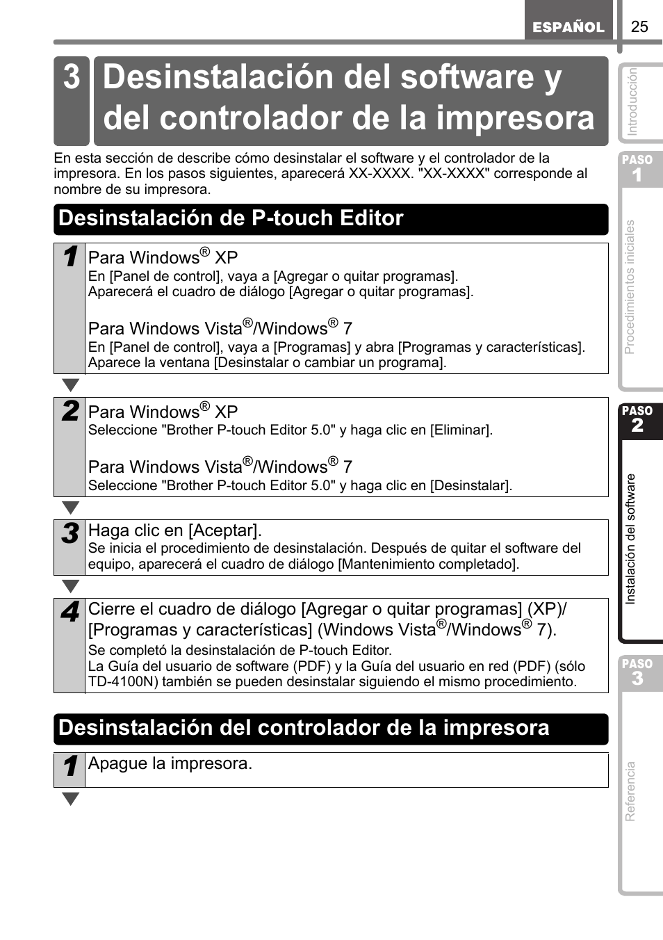 Desinstalación de p-touch editor, Desinstalación del controlador de la impresora | Brother TD4100N User Manual | Page 69 / 80
