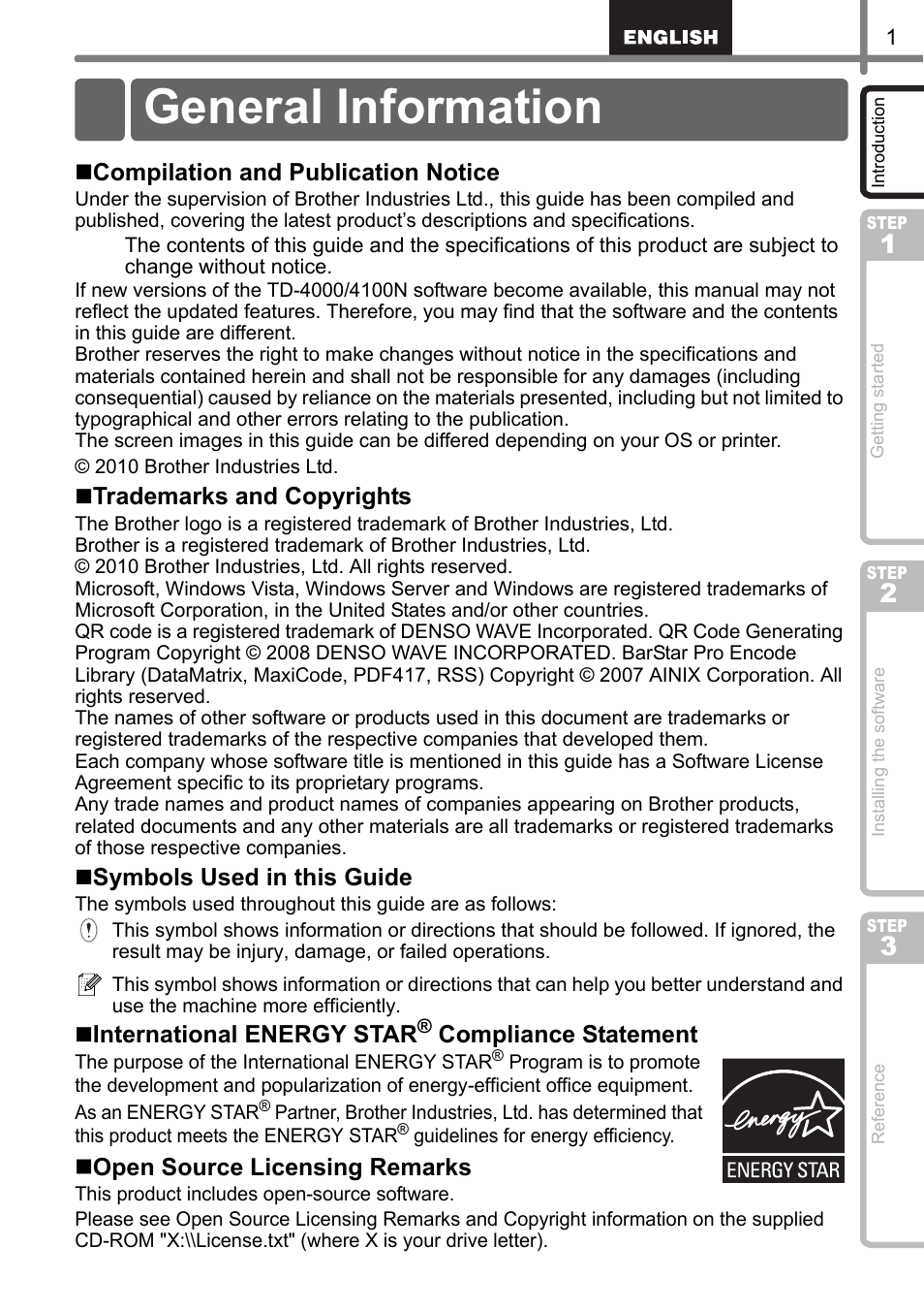 Introduction, General information | Brother TD4100N User Manual | Page 7 / 80