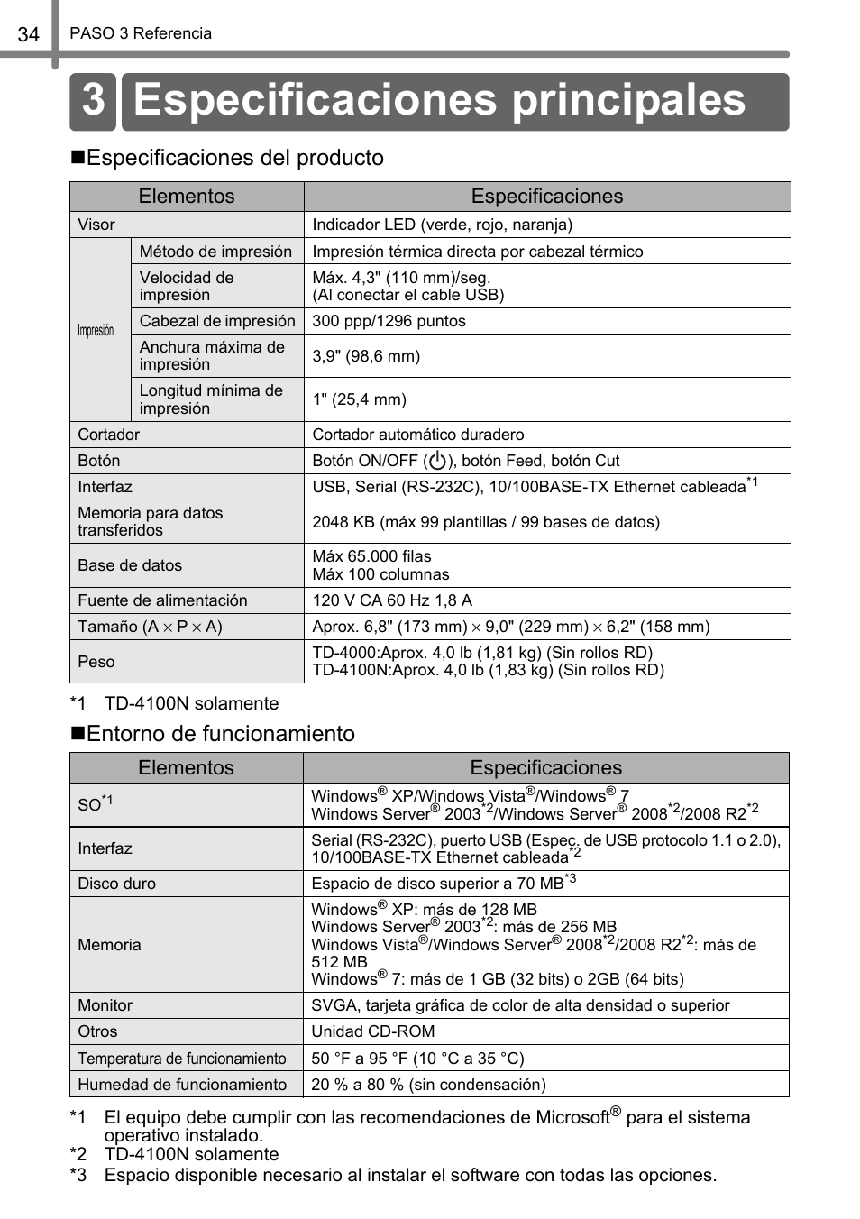 Especificaciones principales, 3 especificaciones principales, Especificaciones del producto | Entorno de funcionamiento, Elementos especificaciones | Brother TD4100N User Manual | Page 78 / 80