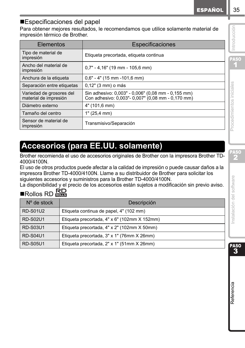 Accesorios (para ee.uu. solamente), Especificaciones del papel, Rollos rd | Brother TD4100N User Manual | Page 79 / 80