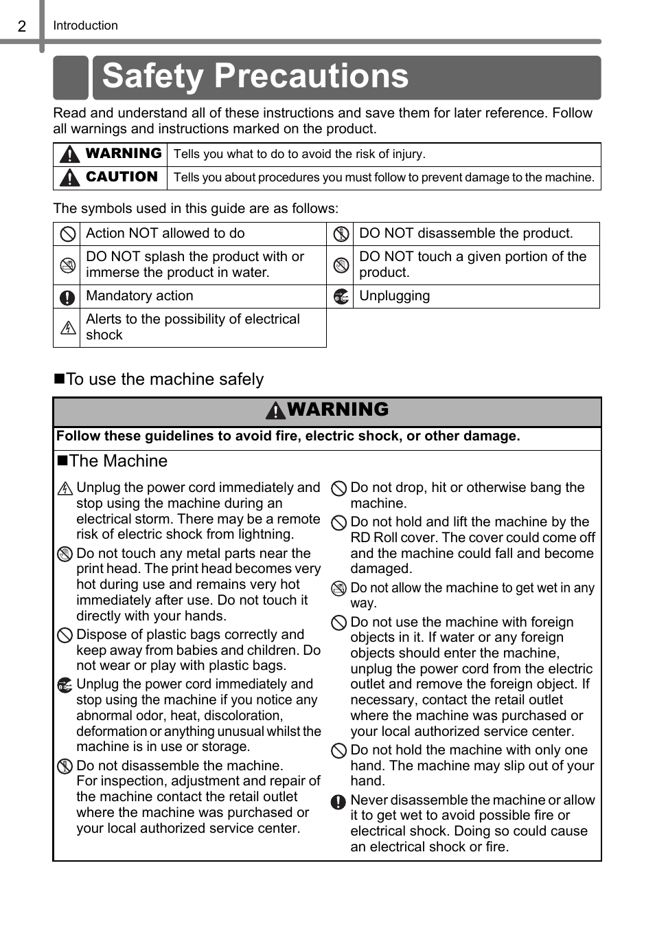 Safety precautions, Warning | Brother TD4100N User Manual | Page 8 / 80