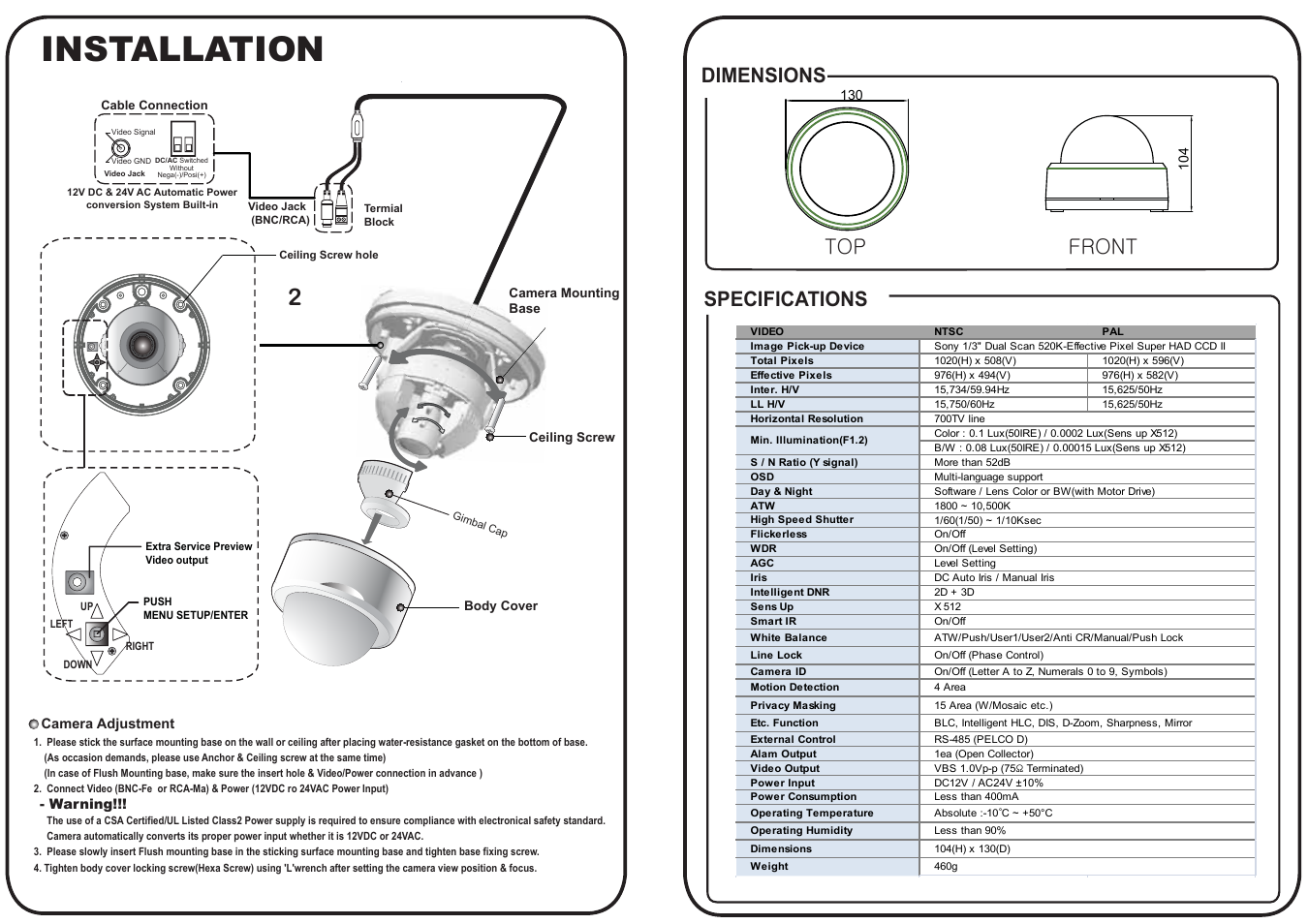 Installation, Top front, Dimensions specifications | Talos Security DC700WICR User Manual | Page 2 / 2