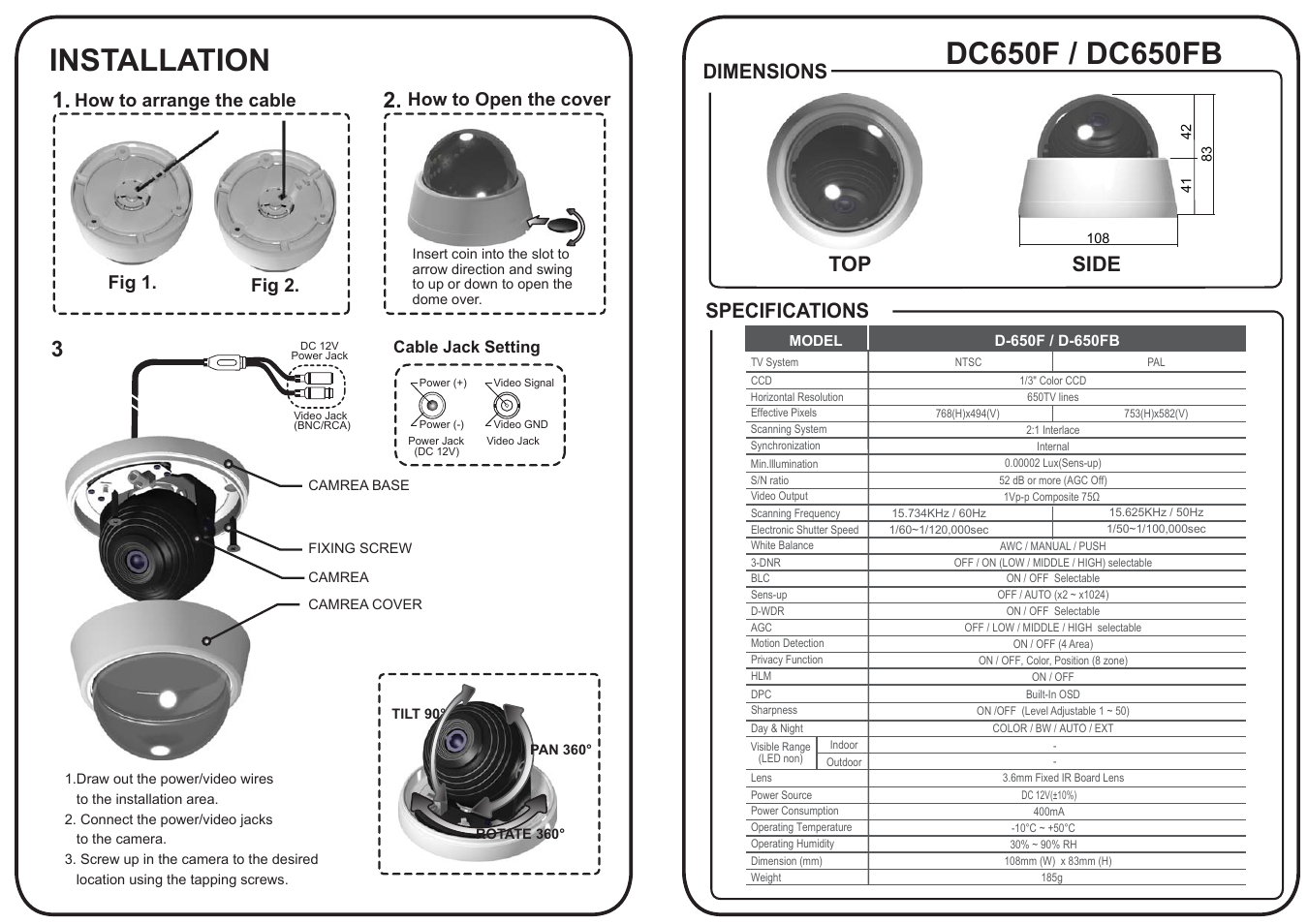 Installation, Top side, Dimensions specifications | Talos Security DC650F User Manual | Page 2 / 2