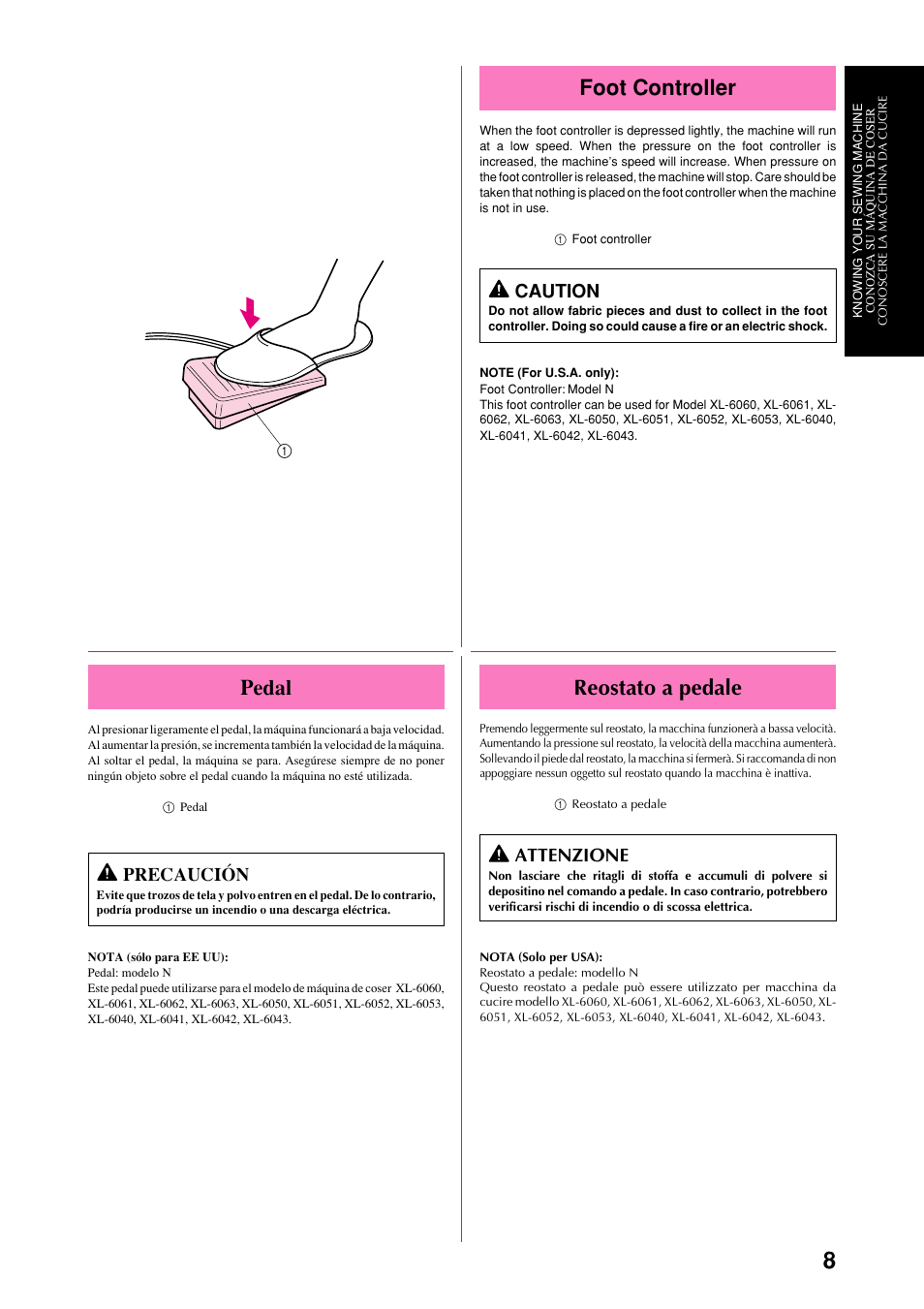 Pedal, Foot controller, Reostato a pedale | Precaución, Caution, Attenzione | Brother XL-6051 User Manual | Page 20 / 103