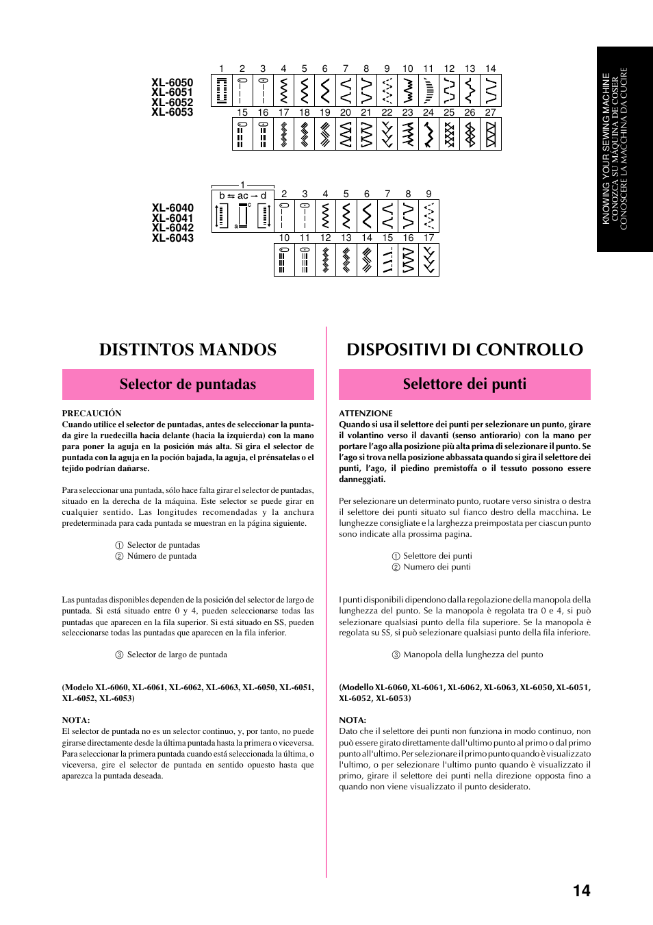 Distintos mandos, Dispositivi di controllo, Selector de puntadas | Selettore dei punti | Brother XL-6051 User Manual | Page 26 / 103