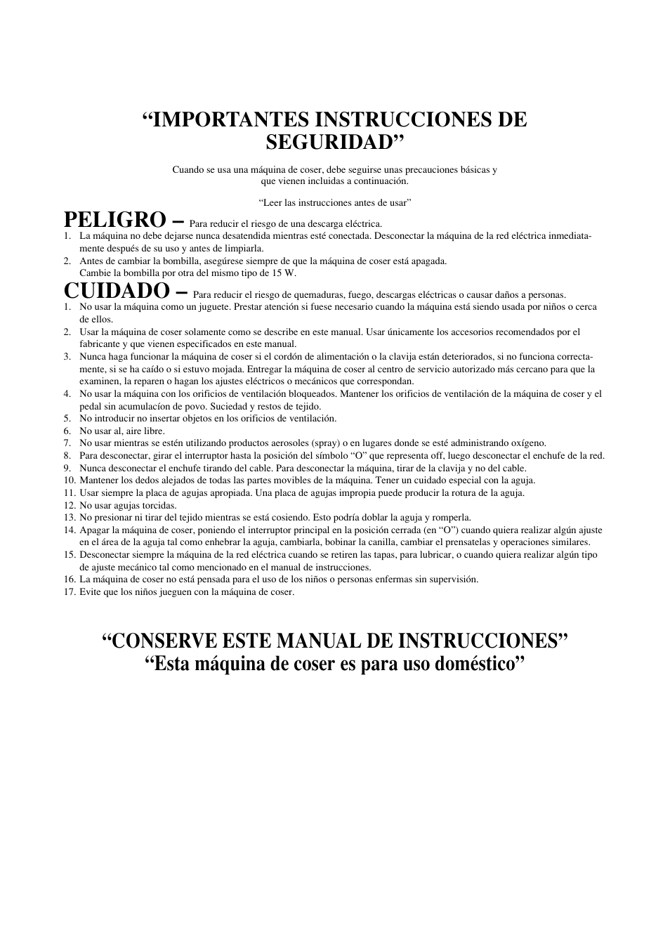 Peligro, Cuidado, Importantes instrucciones de seguridad | Brother XL-6051 User Manual | Page 3 / 103