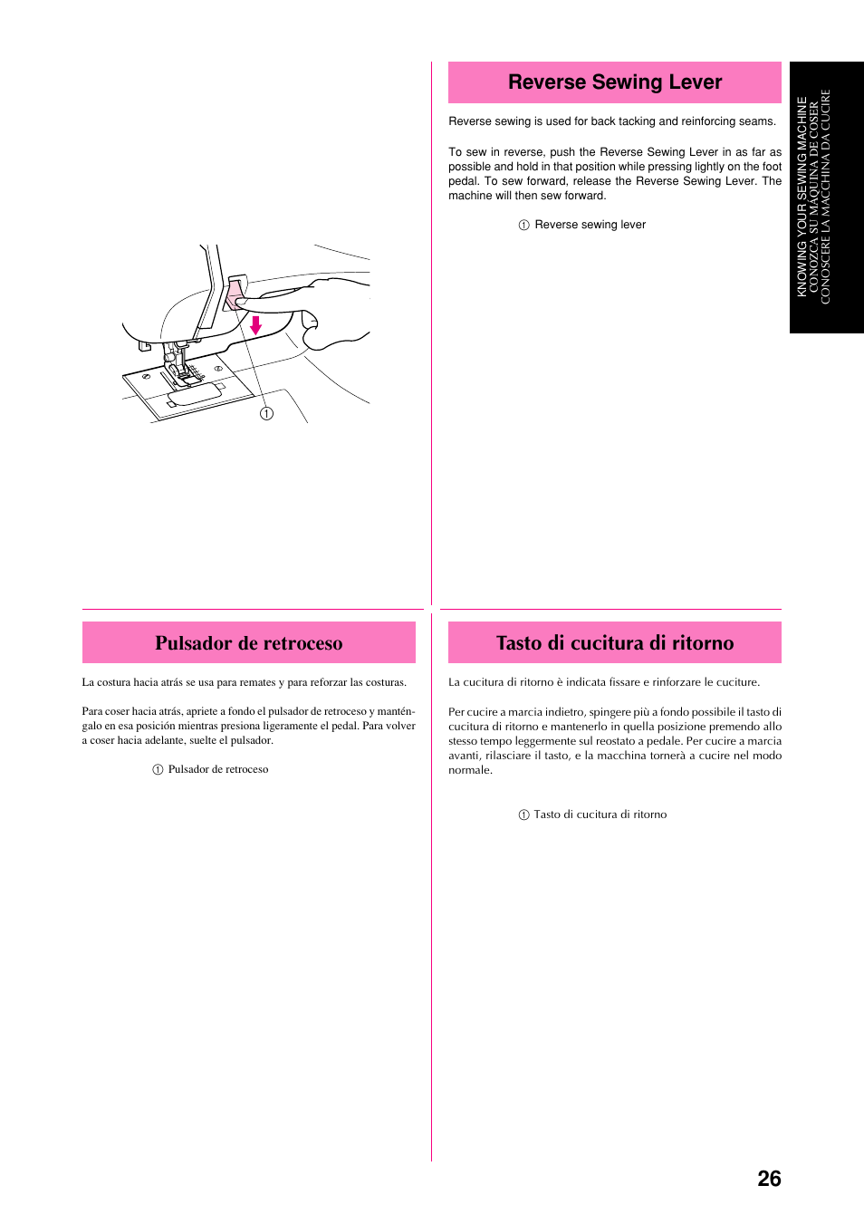 Reverse sewing lever, Pulsador de retroceso, Tasto di cucitura di ritorno | Brother XL-6051 User Manual | Page 38 / 103