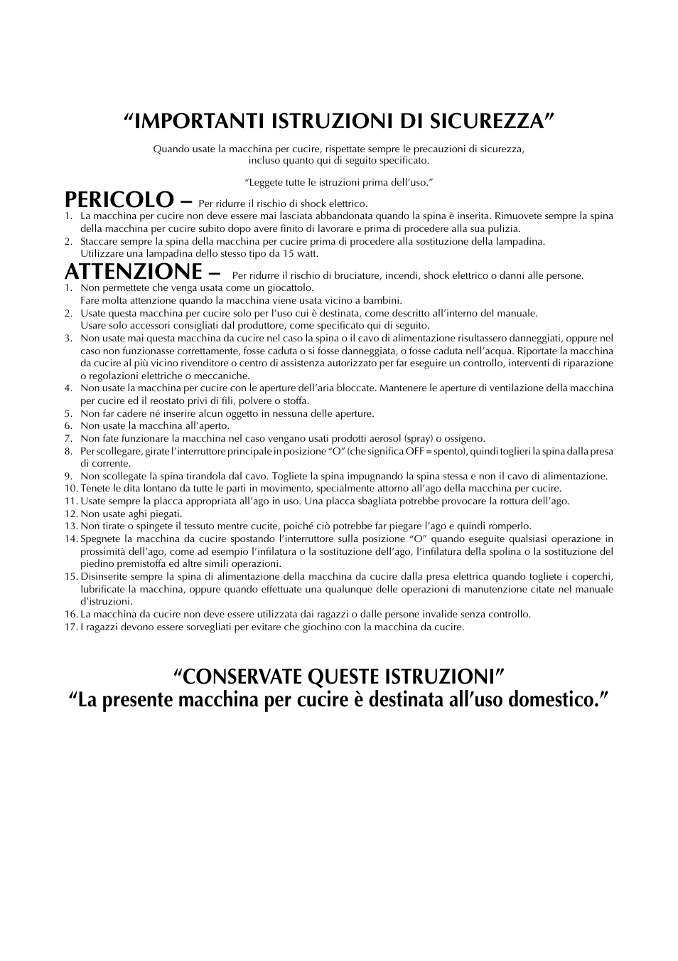 Pericolo, Attenzione, Importanti istruzioni di sicurezza | Brother XL-6051 User Manual | Page 4 / 103