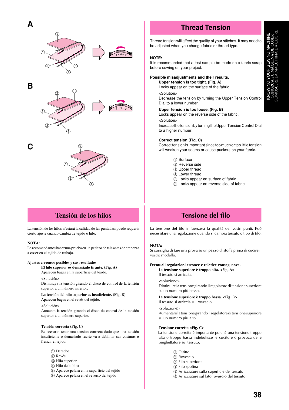 Ab c, Thread tension, Tensione del filo | Tensión de los hilos | Brother XL-6051 User Manual | Page 50 / 103