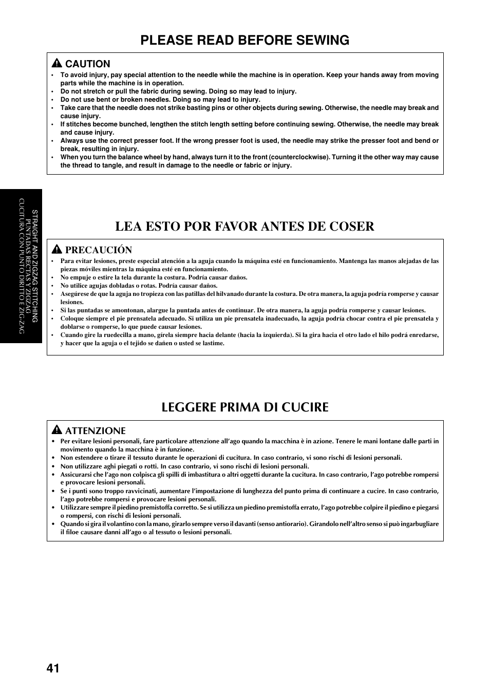 Please read before sewing, Leggere prima di cucire, Lea esto por favor antes de coser | Caution, Attenzione, Precaución | Brother XL-6051 User Manual | Page 53 / 103