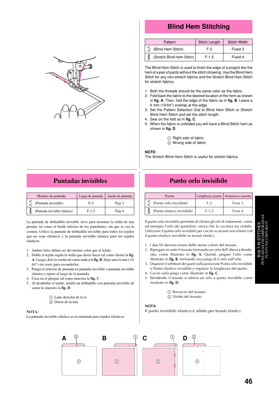 Blind hem stitching, Punto orlo invisibile, Puntadas invisibles | Ab c d | Brother XL-6051 User Manual | Page 58 / 103