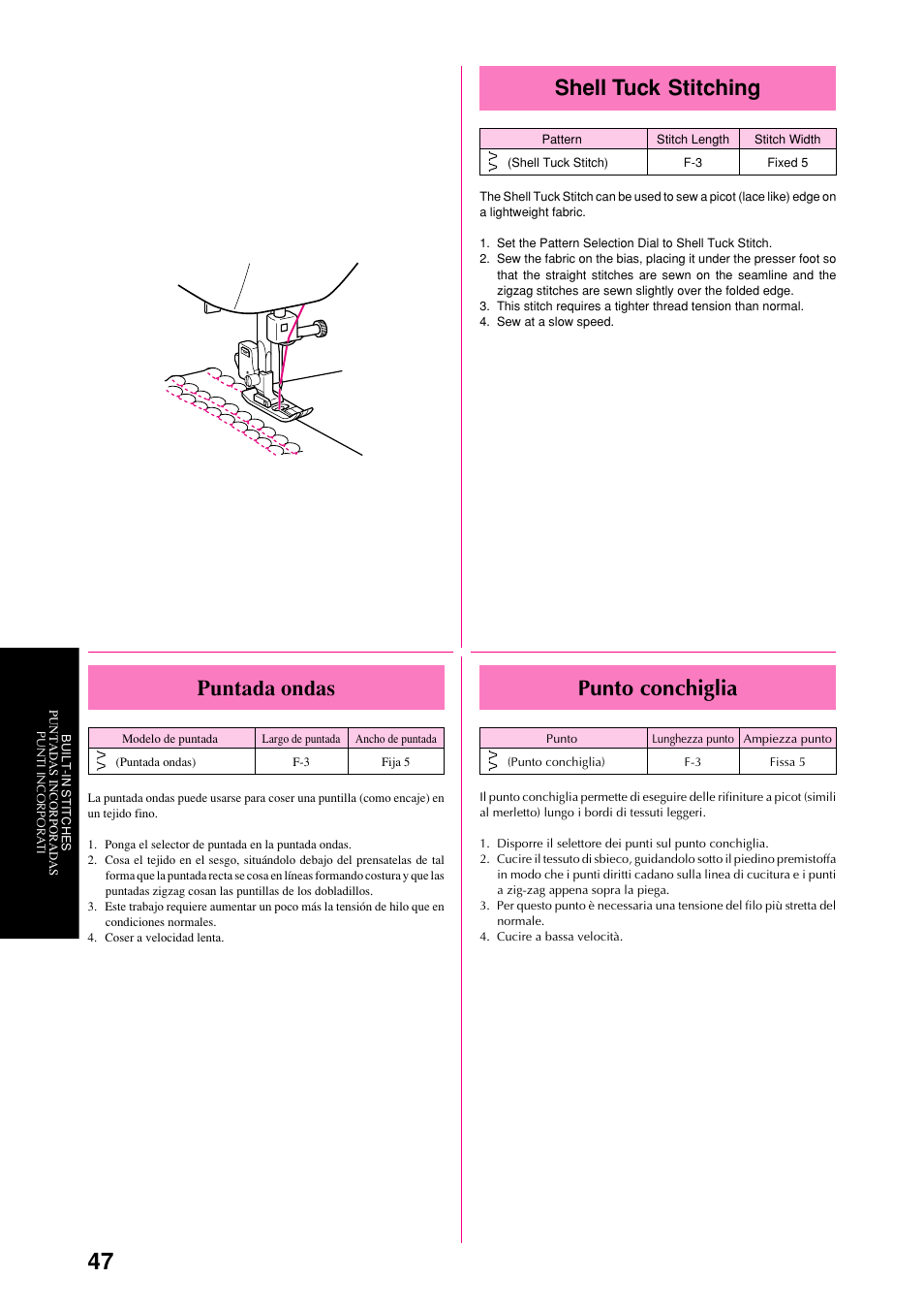 Shell tuck stitching, Punto conchiglia, Puntada ondas | Brother XL-6051 User Manual | Page 59 / 103
