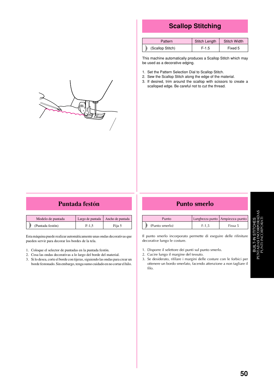 Scallop stitching, Punto smerlo, Puntada festón | Brother XL-6051 User Manual | Page 62 / 103