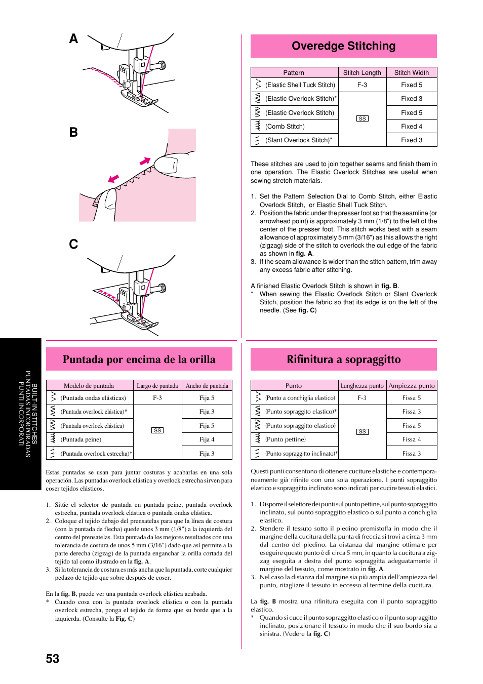 Ab c, Overedge stitching, Rifinitura a sopraggitto | Puntada por encima de la orilla | Brother XL-6051 User Manual | Page 65 / 103