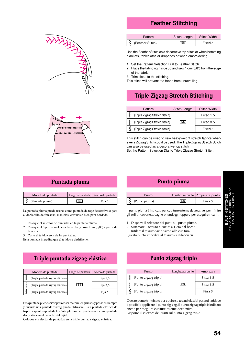 Feather stitching, Triple zigzag stretch stitching, Punto piuma | Punto zigzag triplo, Puntada pluma, Triple puntada zigzag elástica | Brother XL-6051 User Manual | Page 66 / 103