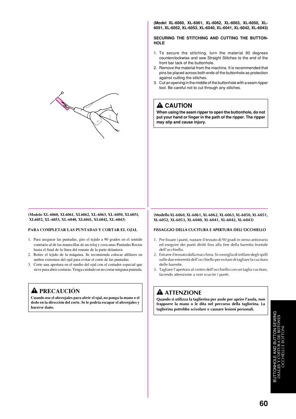 Caution, Attenzione, Precaución | Brother XL-6051 User Manual | Page 72 / 103