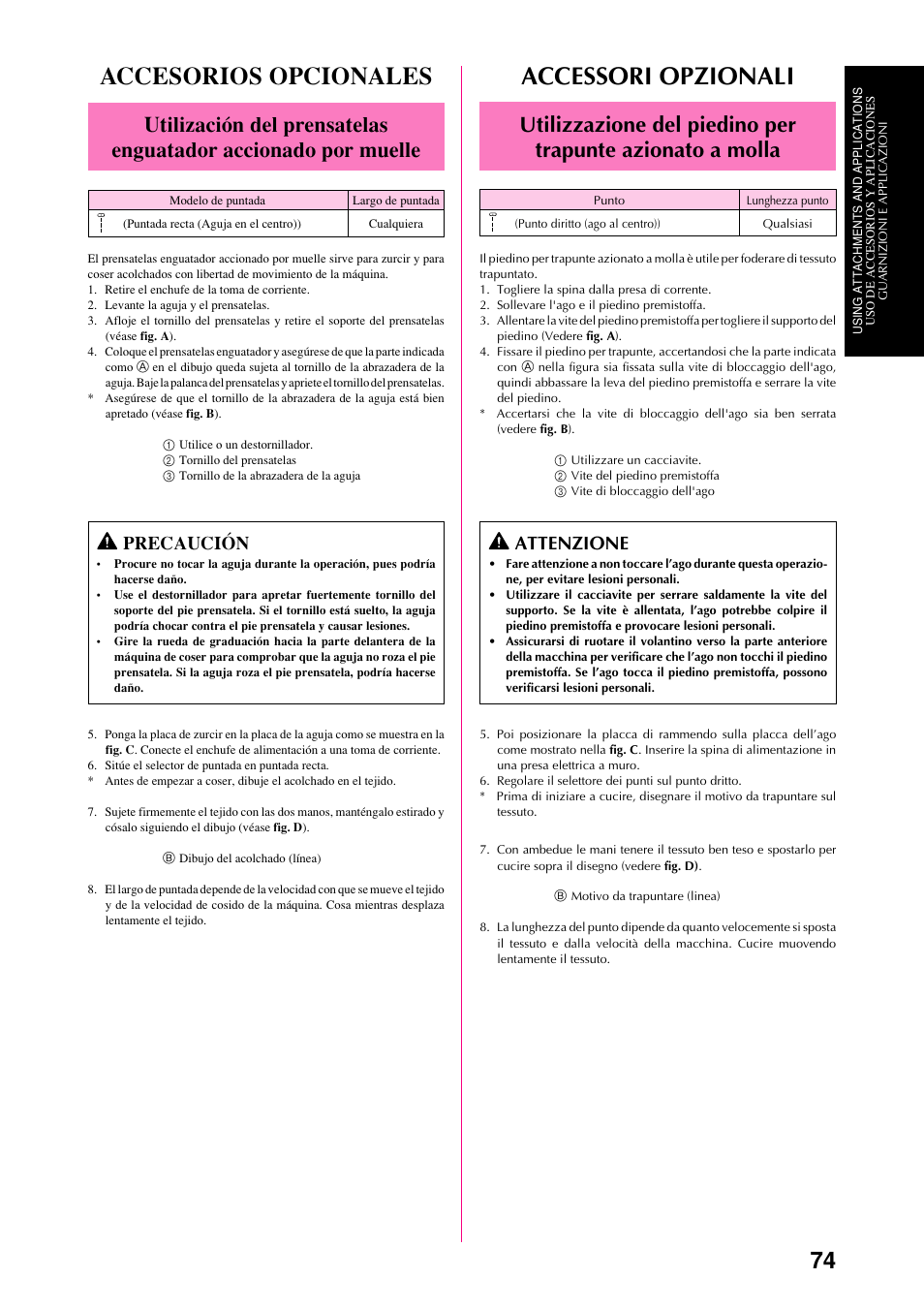 Accessori opzionali, Accesorios opcionales, Attenzione | Precaución | Brother XL-6051 User Manual | Page 86 / 103