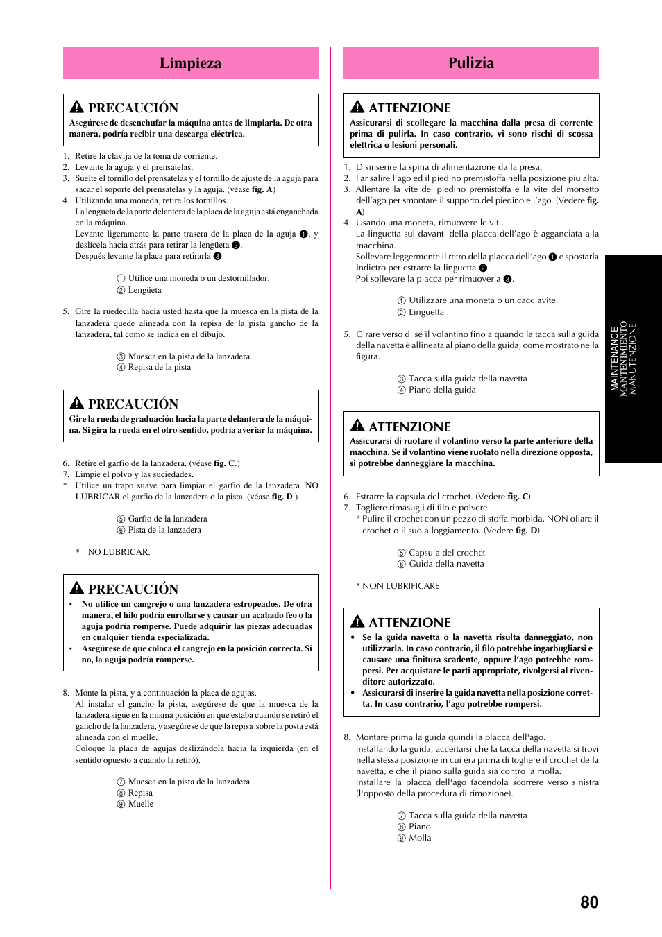 Pulizia, Limpieza, Attenzione | Precaución | Brother XL-6051 User Manual | Page 92 / 103