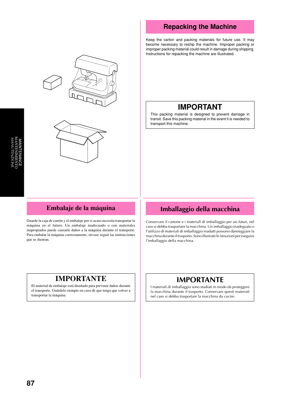 Important, Importante, Repacking the machine | Imballaggio della macchina, Embalaje de la máquina | Brother XL-6051 User Manual | Page 99 / 103