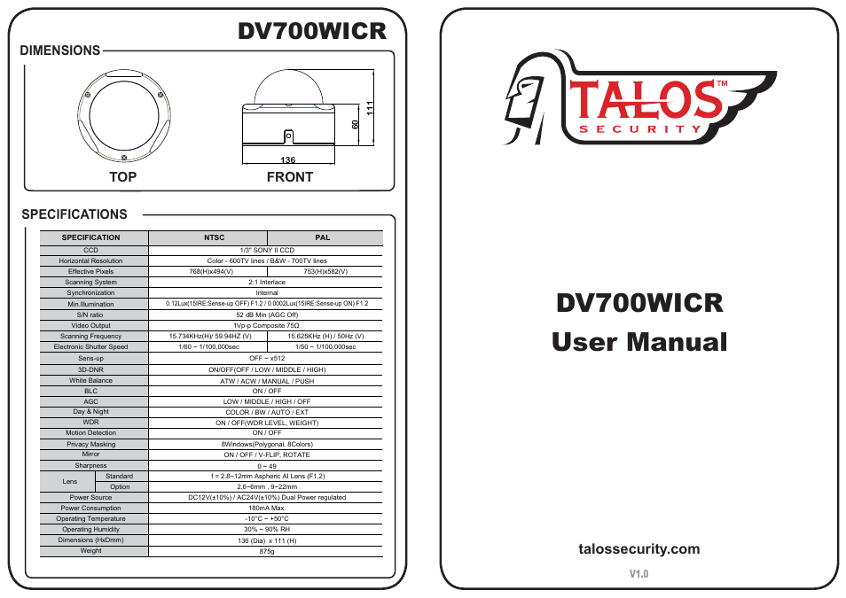 Talos Security DV700WICR User Manual | 2 pages