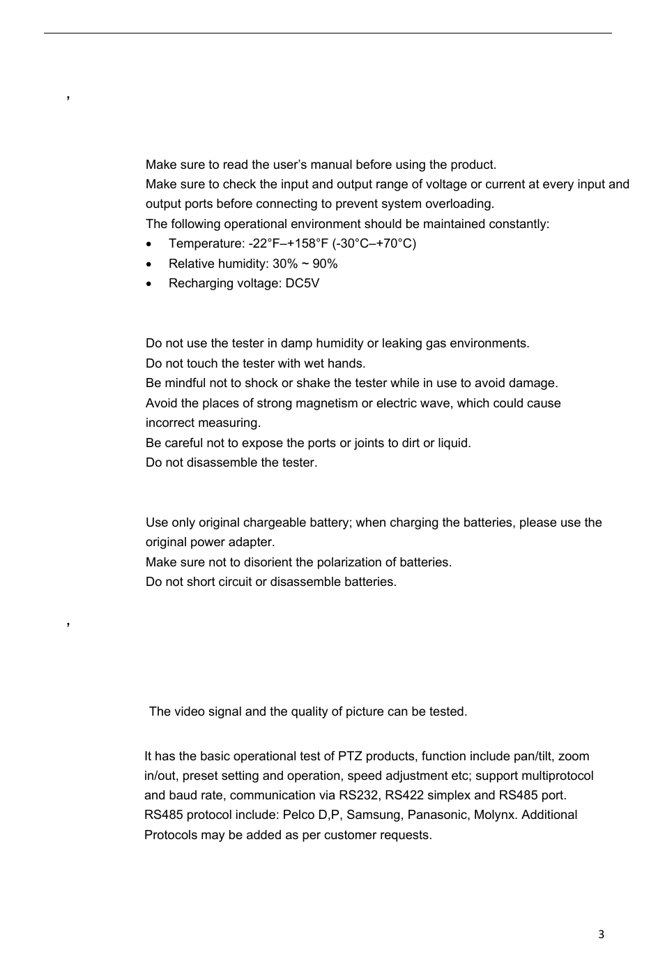 1 ， safety information, 2 ， introduction | Talos Security CT330S CCTV Tester User Manual | Page 3 / 15