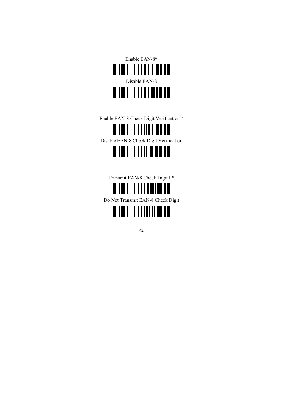 Ean-8, Enable/disable ean-8, Ean-8 check digit verification | Ean-8 check digit transmission | TaoTronics TT-BS009 User Manual | Page 42 / 104