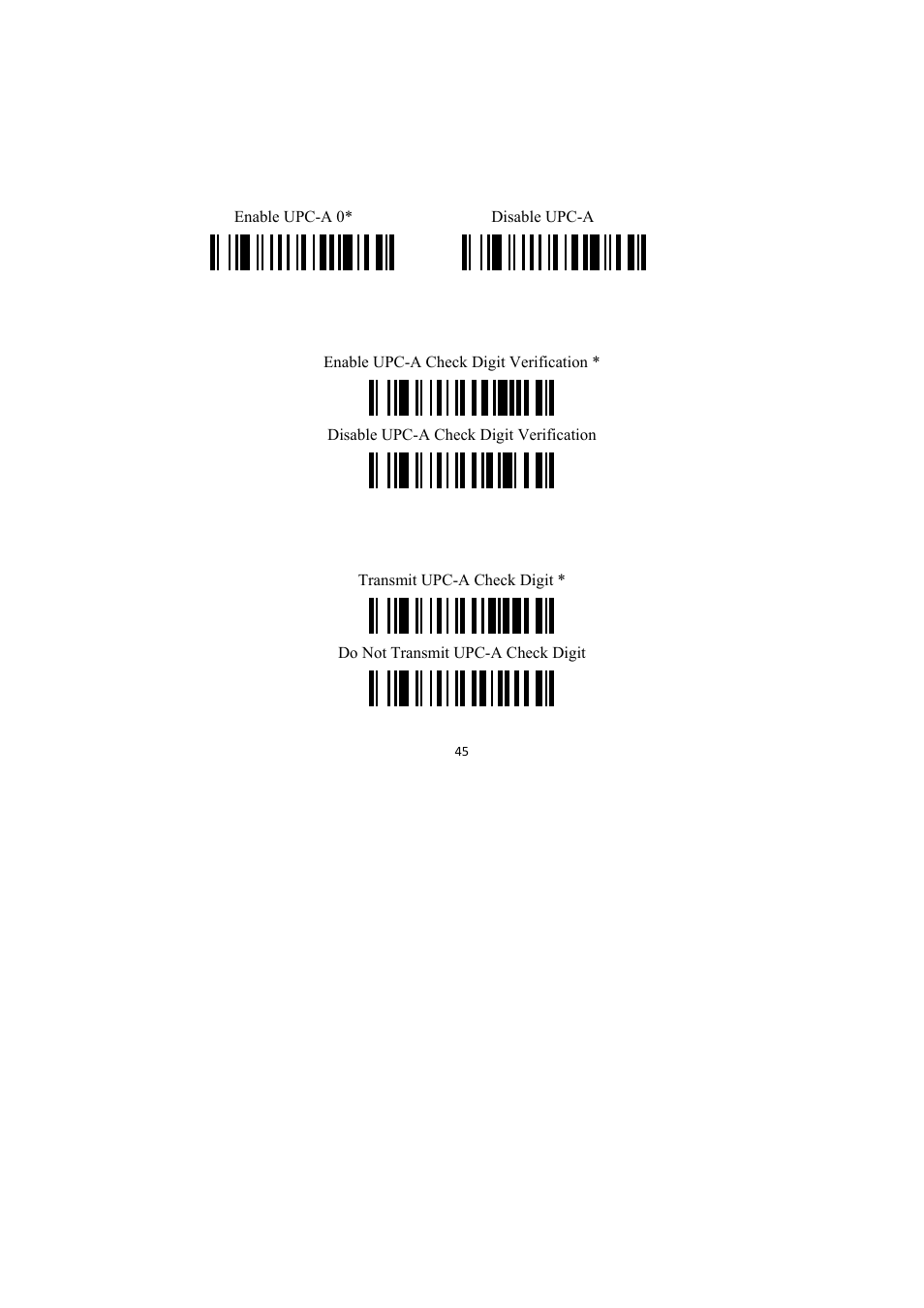 Upc-a, Enable/disable upc-a, Upc-a check digit verification | Upc-a check digit transmission | TaoTronics TT-BS009 User Manual | Page 45 / 104