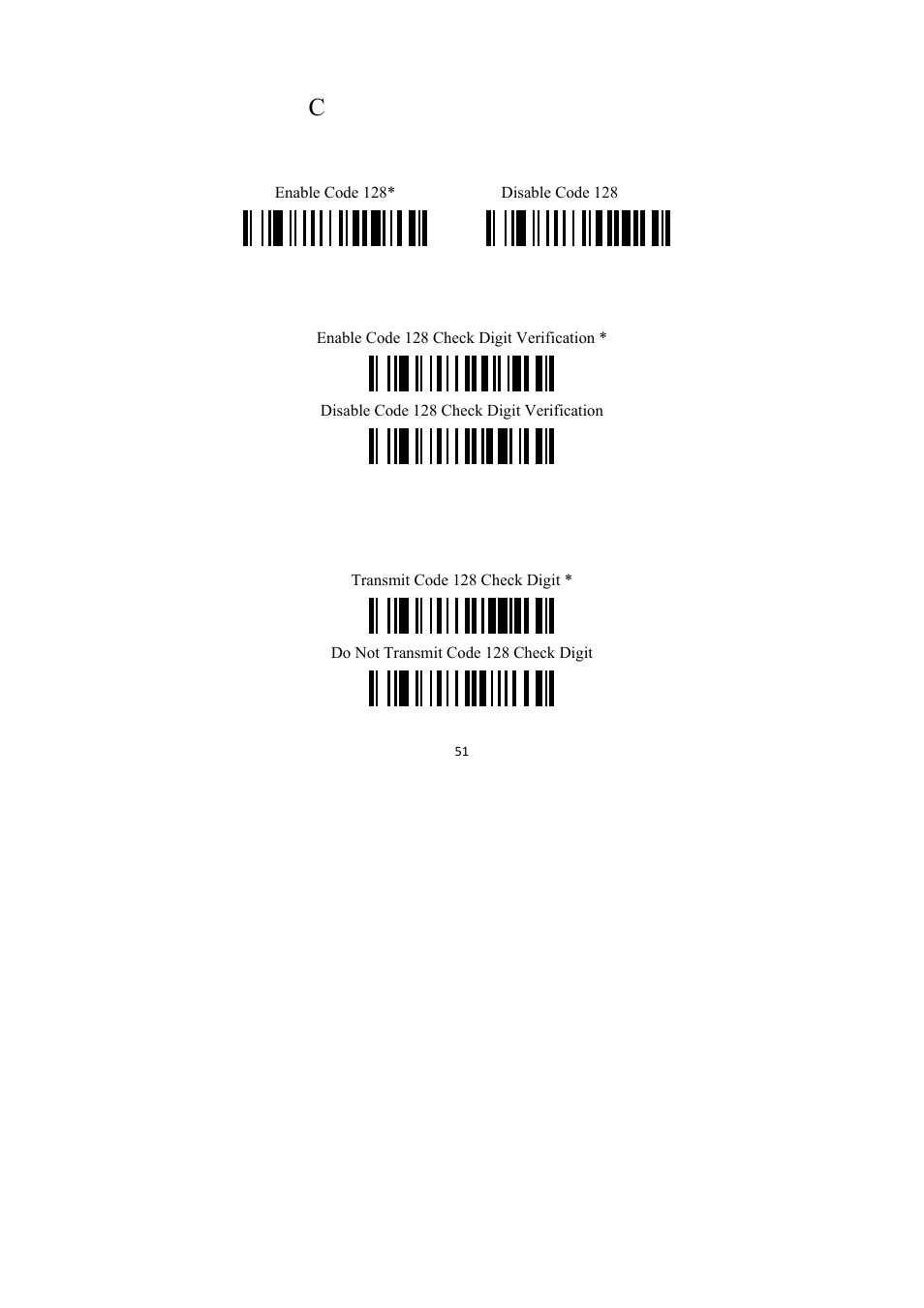 Code128 c, Enable/disable code128, Code128 check digit verification | Code 128 check digit transmission | TaoTronics TT-BS009 User Manual | Page 51 / 104