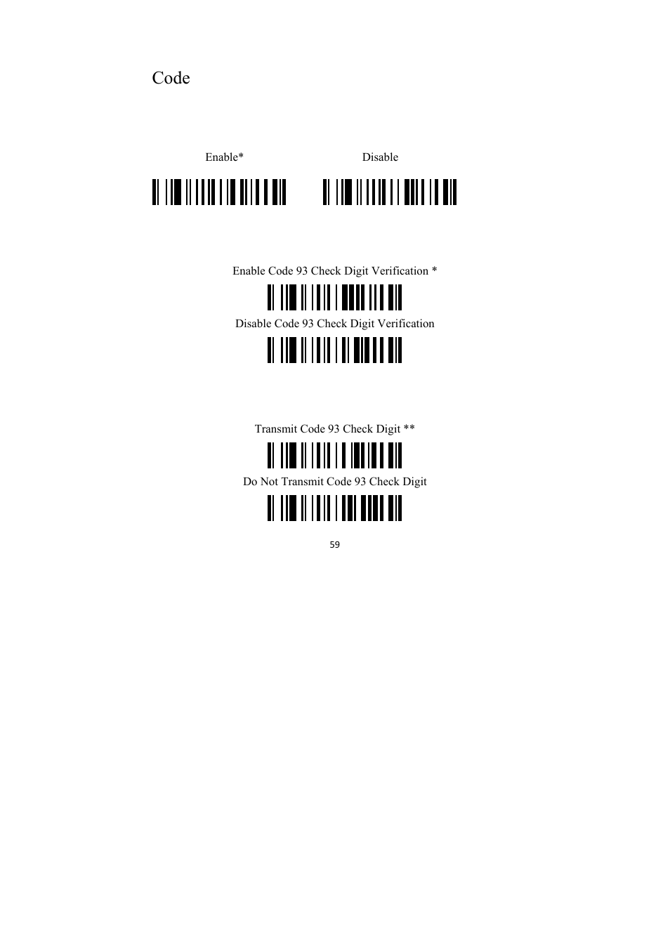 Code 93, Enable/disable code 93, Code 93 check digit verification | Code 93 check digit transmission | TaoTronics TT-BS009 User Manual | Page 59 / 104