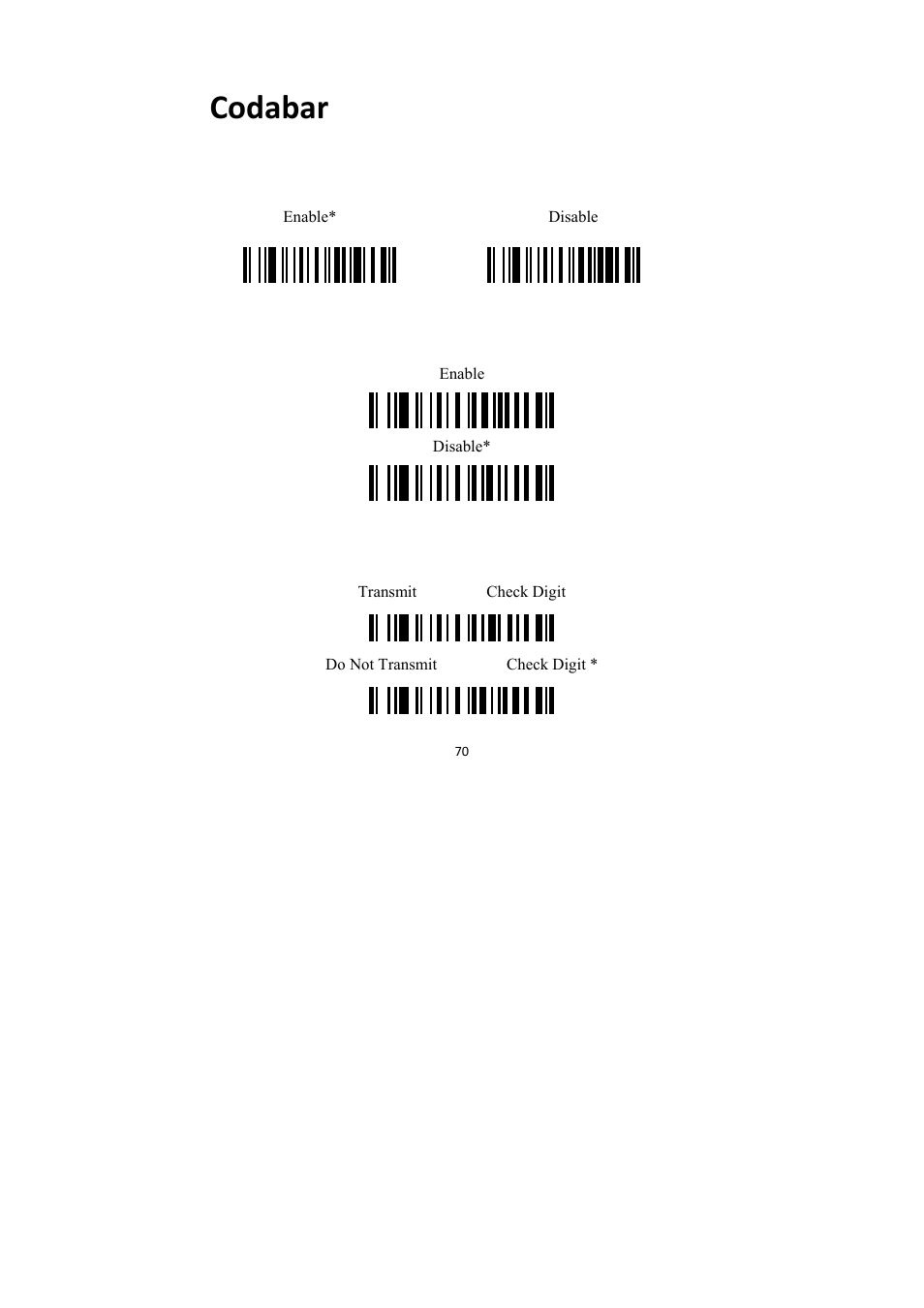 Codabar, Enable/disable codabar, Codabar check digit verification | Codabar check digit transmission | TaoTronics TT-BS009 User Manual | Page 70 / 104