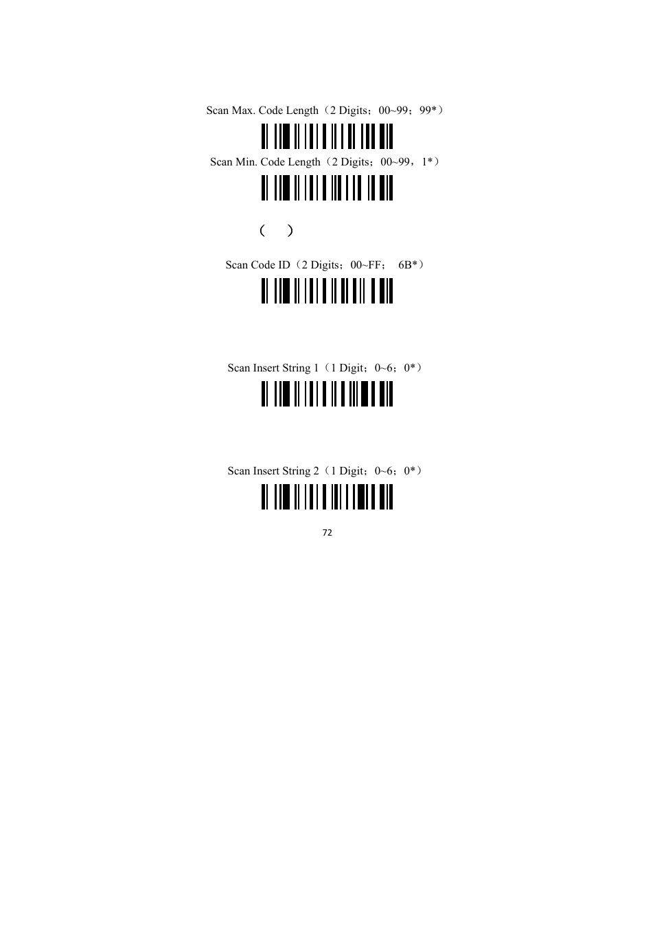 Codarbar length, Code id setting （ ‘k, Insert string 1 selection | Insert string 2 selection | TaoTronics TT-BS009 User Manual | Page 72 / 104