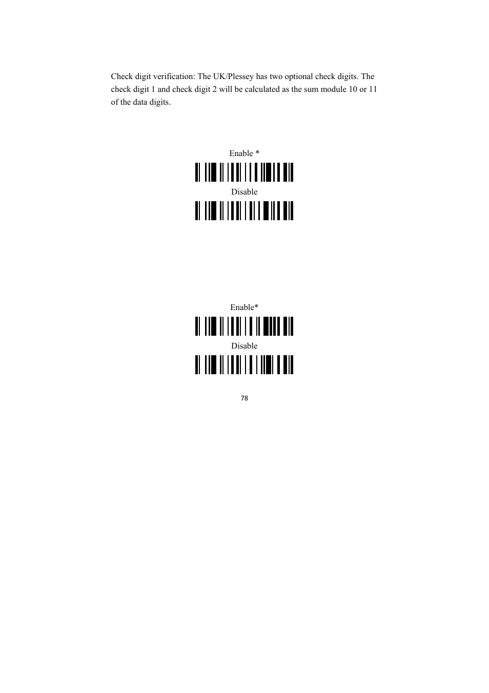 Uk/plessey, Enable/disable uk /plessey, Uk/plessey check digit verification | TaoTronics TT-BS009 User Manual | Page 78 / 104