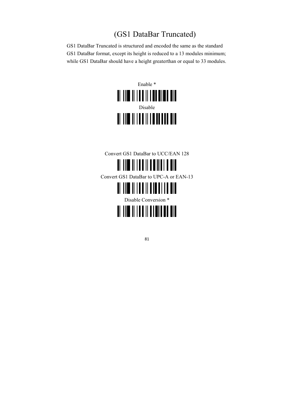 Gs1 databar (gs1 databar truncated), Enable/disable gs1 databar, Conversion | TaoTronics TT-BS009 User Manual | Page 81 / 104