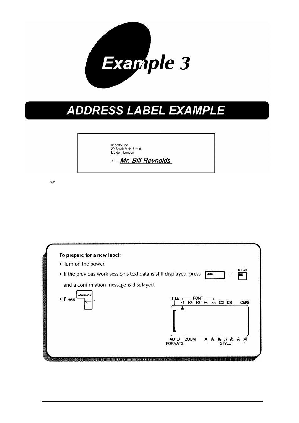 Example 3, Address label example | Brother 580C User Manual | Page 38 / 188