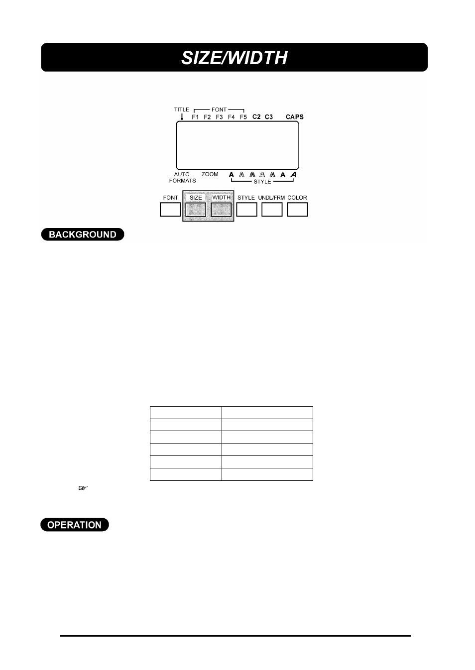 Size/width | Brother 580C User Manual | Page 85 / 188