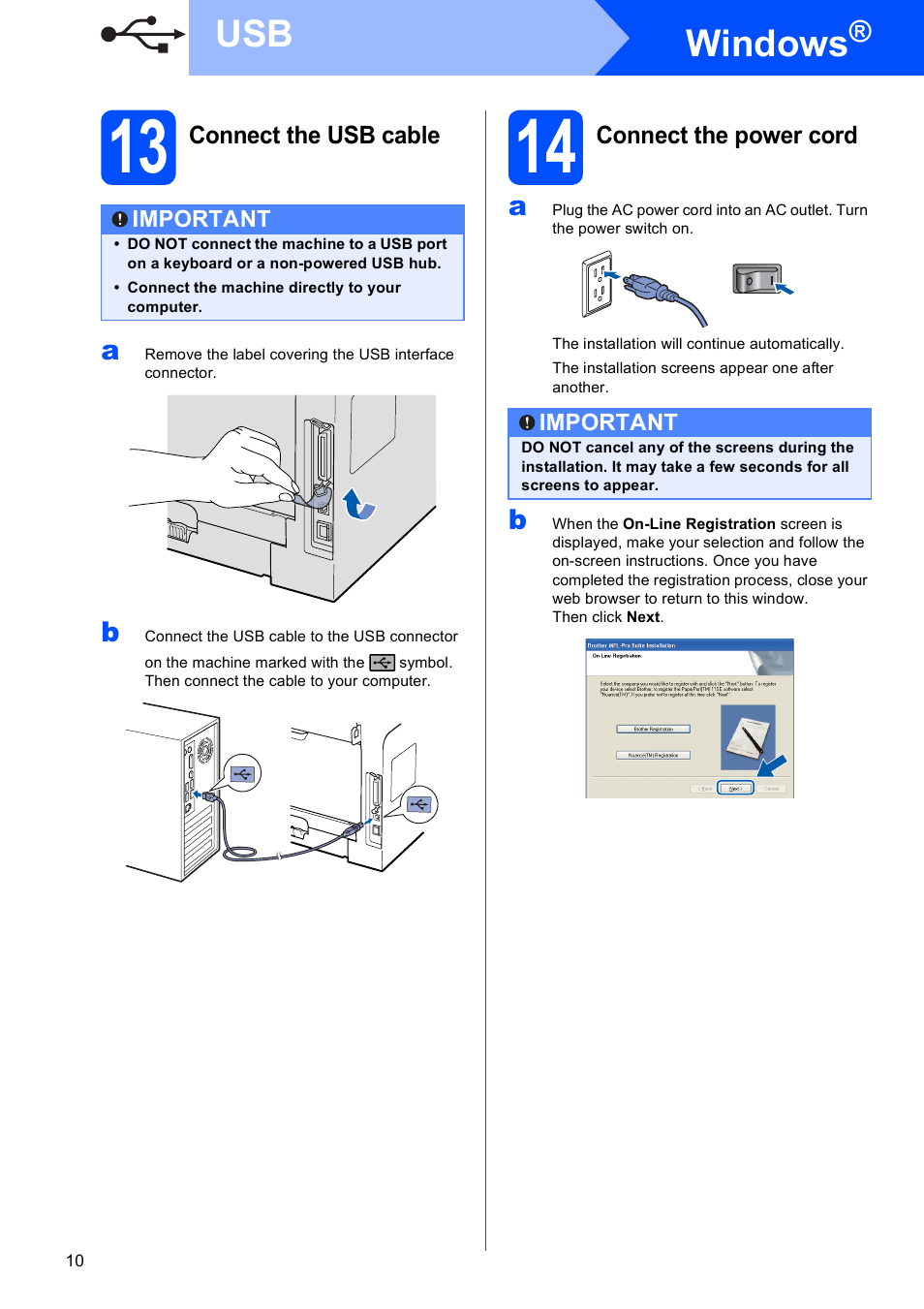13 connect the usb cable, 14 connect the power cord, Windows | Brother DCP 8080DN User Manual | Page 10 / 29