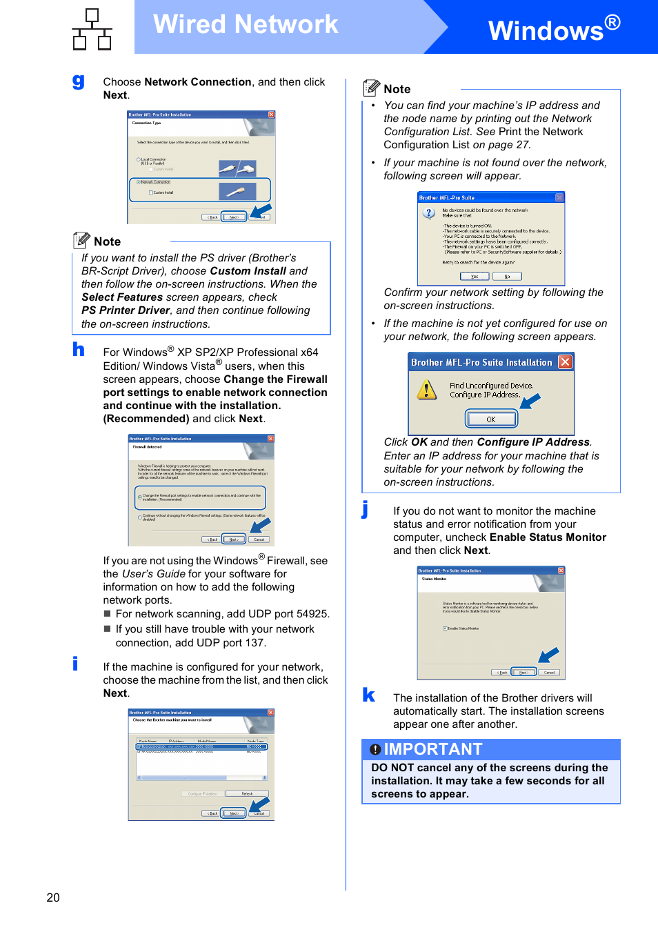 Windows, Wired network, Important | Brother DCP 8080DN User Manual | Page 20 / 29