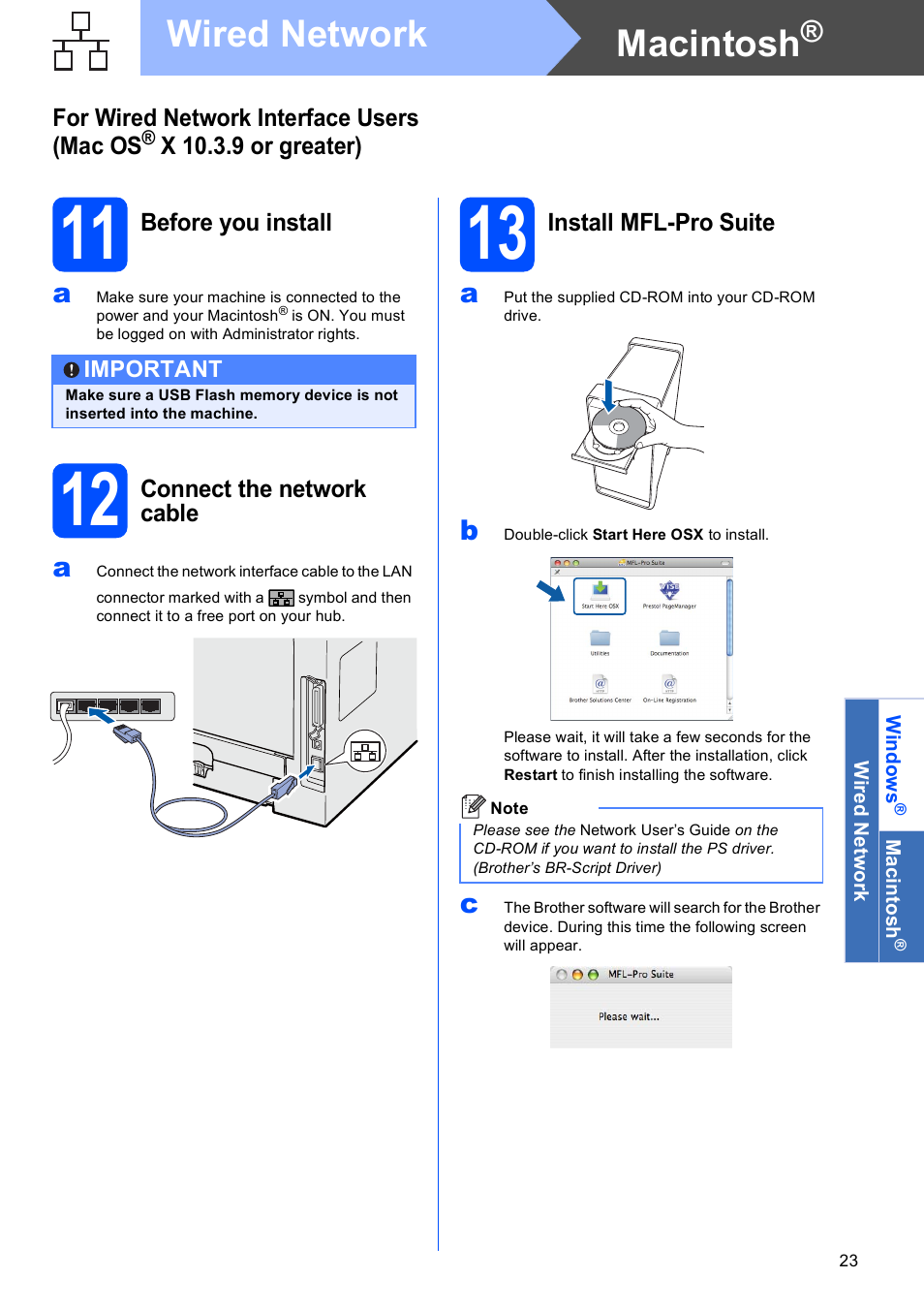 11 before you install, 12 connect the network cable, 13 install mfl-pro suite | Macintosh, Wired network | Brother DCP 8080DN User Manual | Page 23 / 29