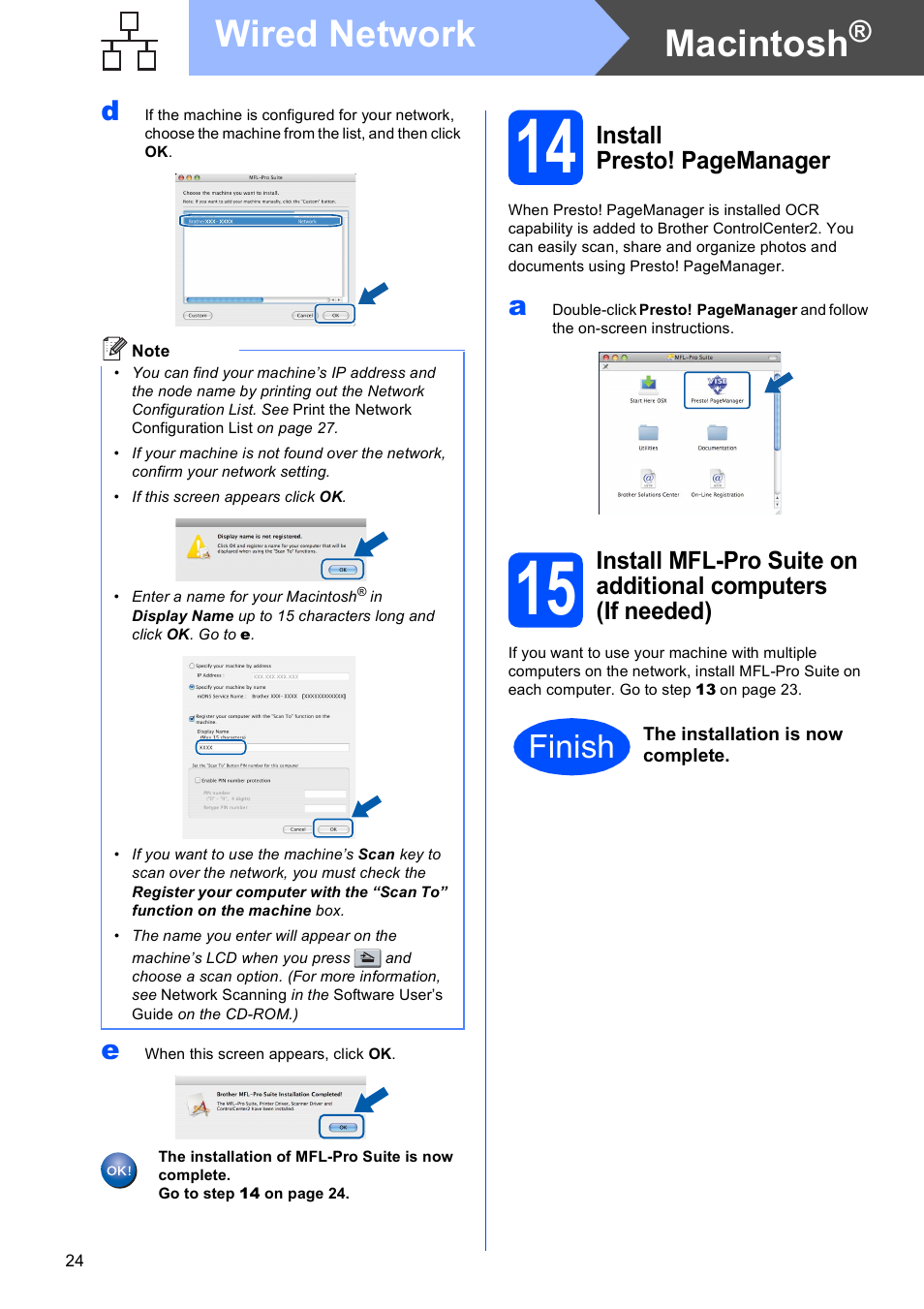Macintosh, Wired network, Finish | Brother DCP 8080DN User Manual | Page 24 / 29
